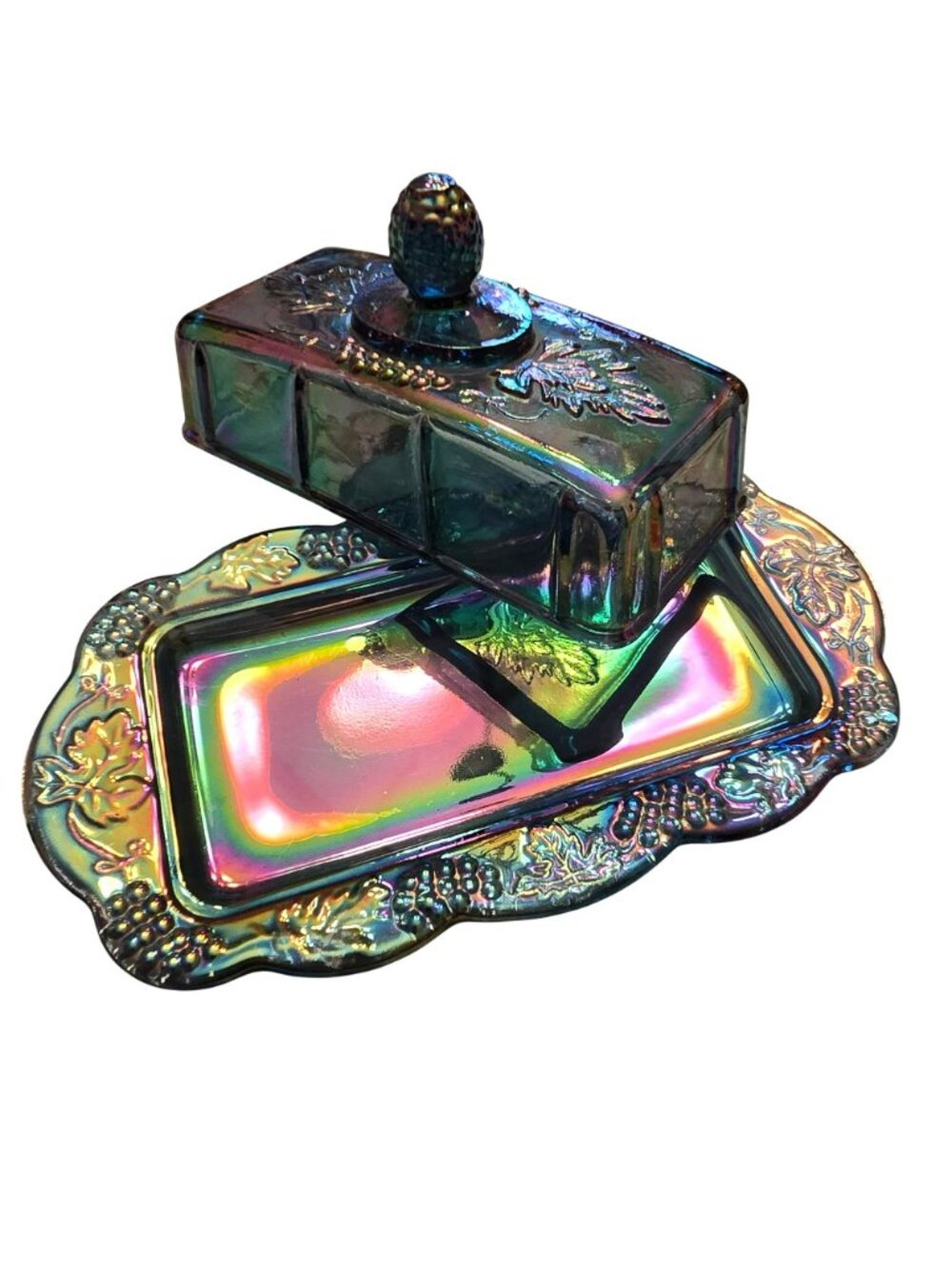 Iridescent Glass Butter Dish Grapevine Pattern Rectangular Indiana Glass JH8029 - Picture 3 of 9